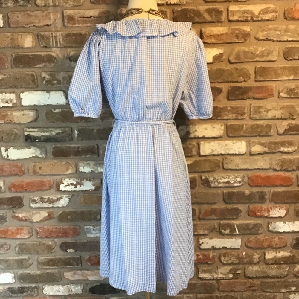 DRAPER JAMES RSVP Women's Blue Gingham Plaid Ruffle V-neck Tie Waist Dress L - Picture 3 of 5